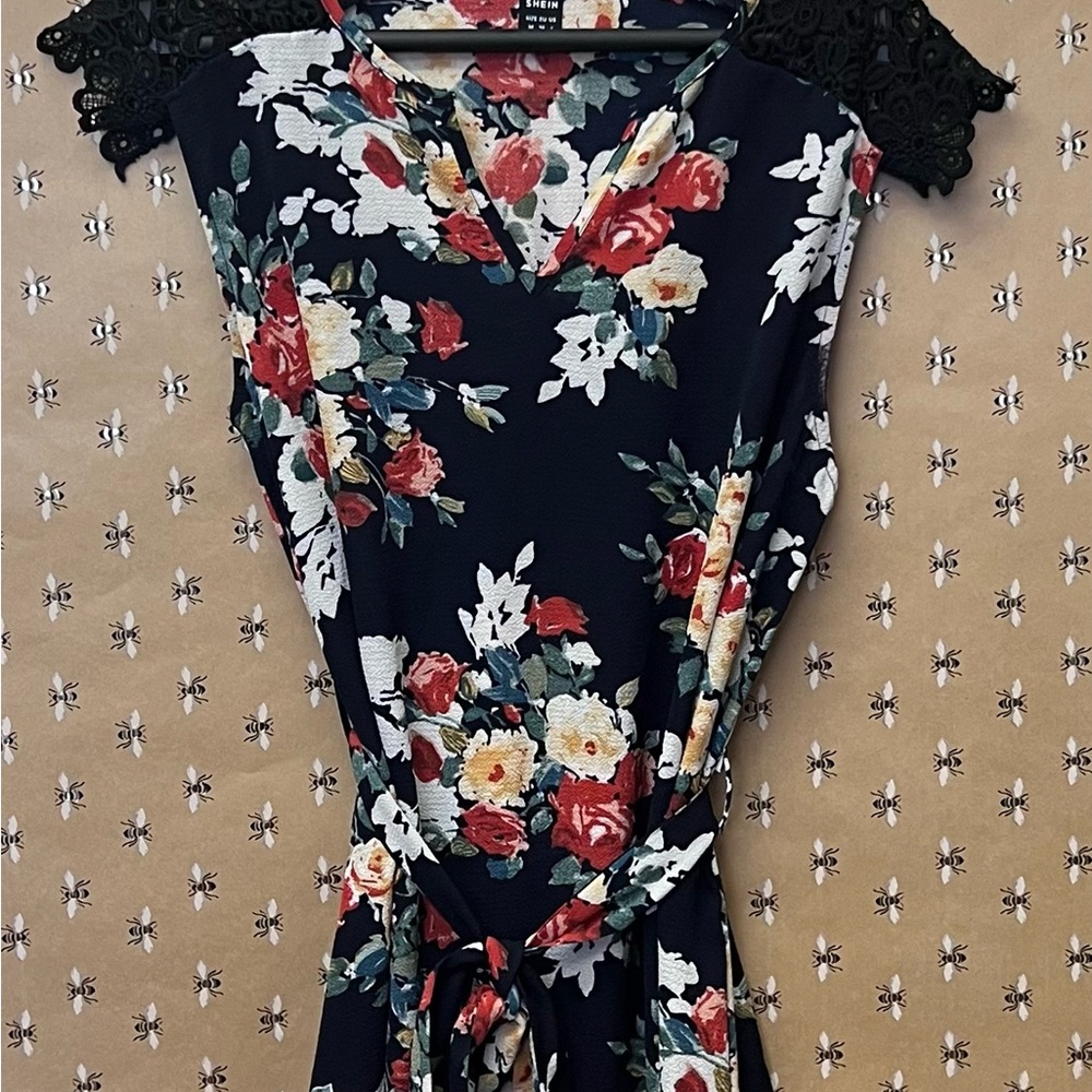 Floral Wrap Dress with Lace Shoulders